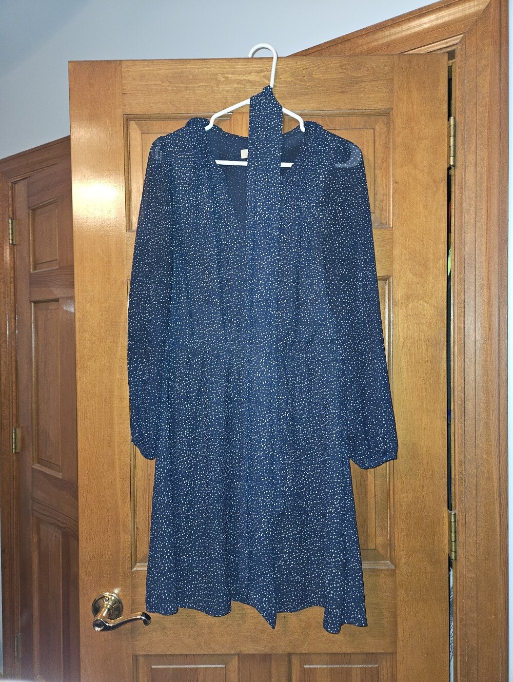 Women's Navy Blue Long Sleeve Tie-Neck Dress